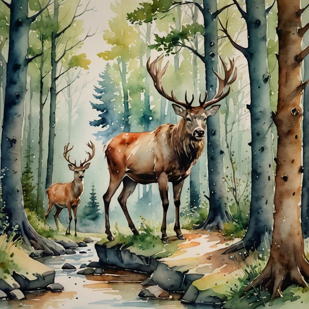 Watercolor Archer in Forest with Deer