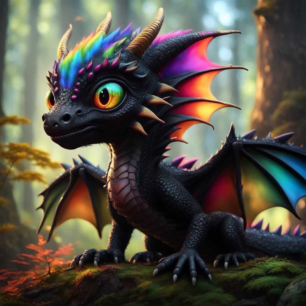 Rainbow-Eyed Dragon in Forest: Fantasy Concept Art
