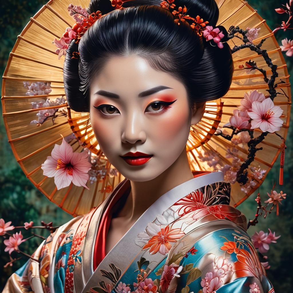 Geisha Portrait in Ukiyo-e Style with Storm Cloud