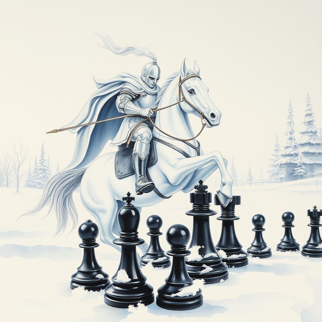 Surreal Watercolor Knight Battles Chess Pieces