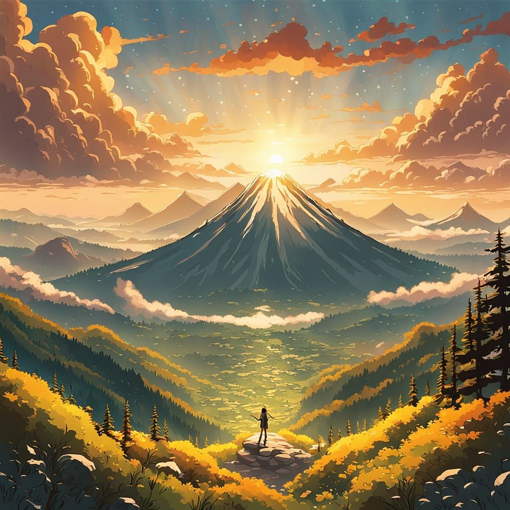 Majestic Anime Goddess Ascends Mount Fuji at Sunrise