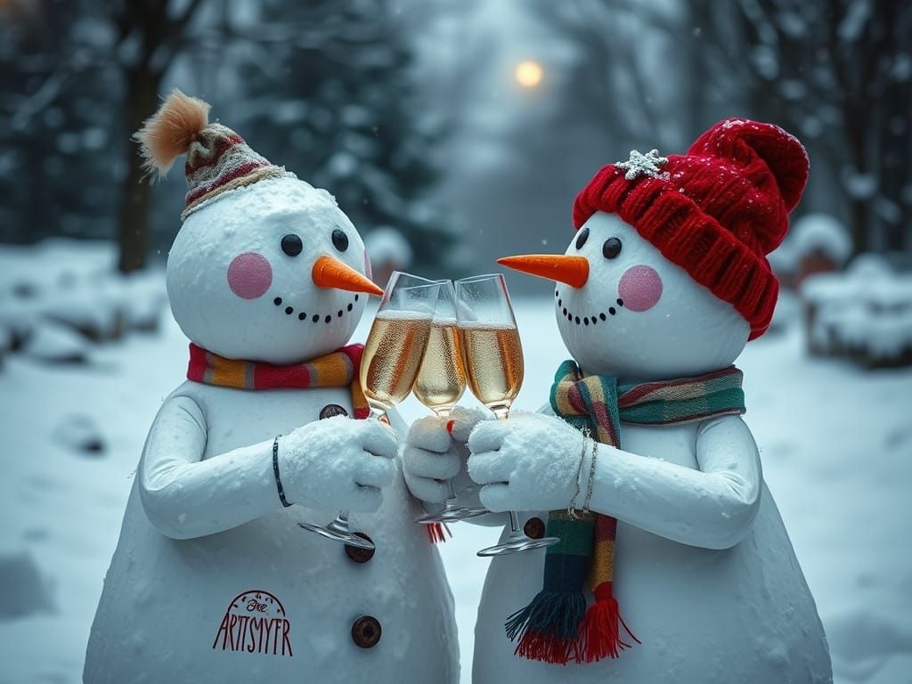 Vintage Snowmen Toast to Each Other in Elegant Champagne Cel...