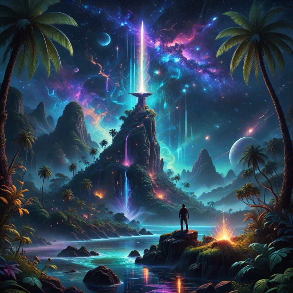 Mystical Island with Sword in Cosmic Rock Formation