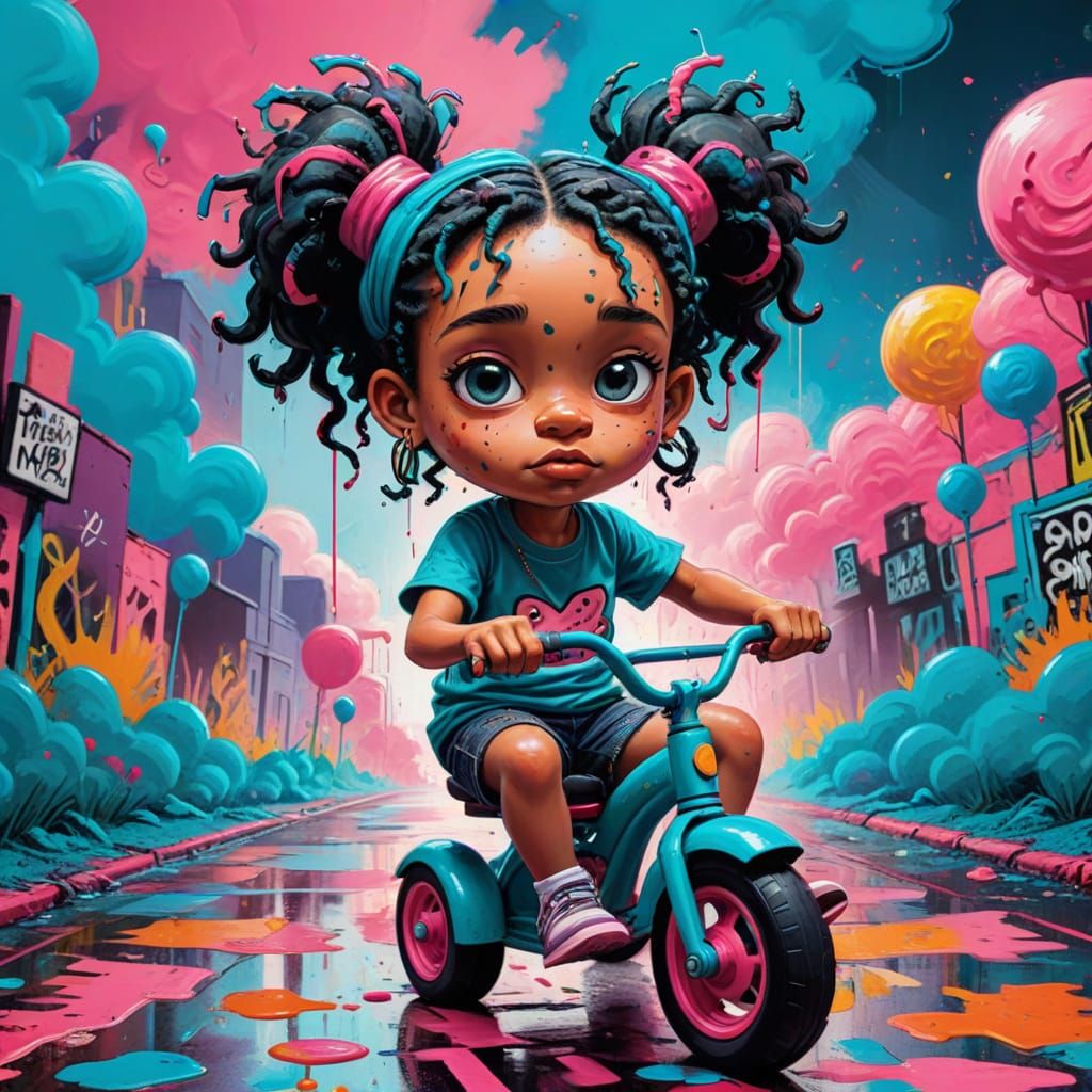 Candy Core Toddler Girl on Tricycle in Abstract Style