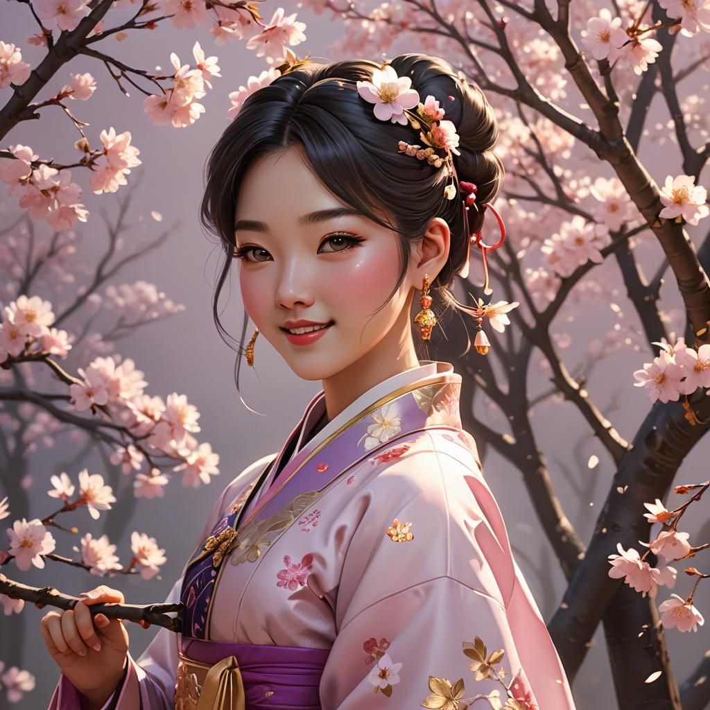 Korean Girl in Hanbok with Cherry Blossoms: 3D Anime Art