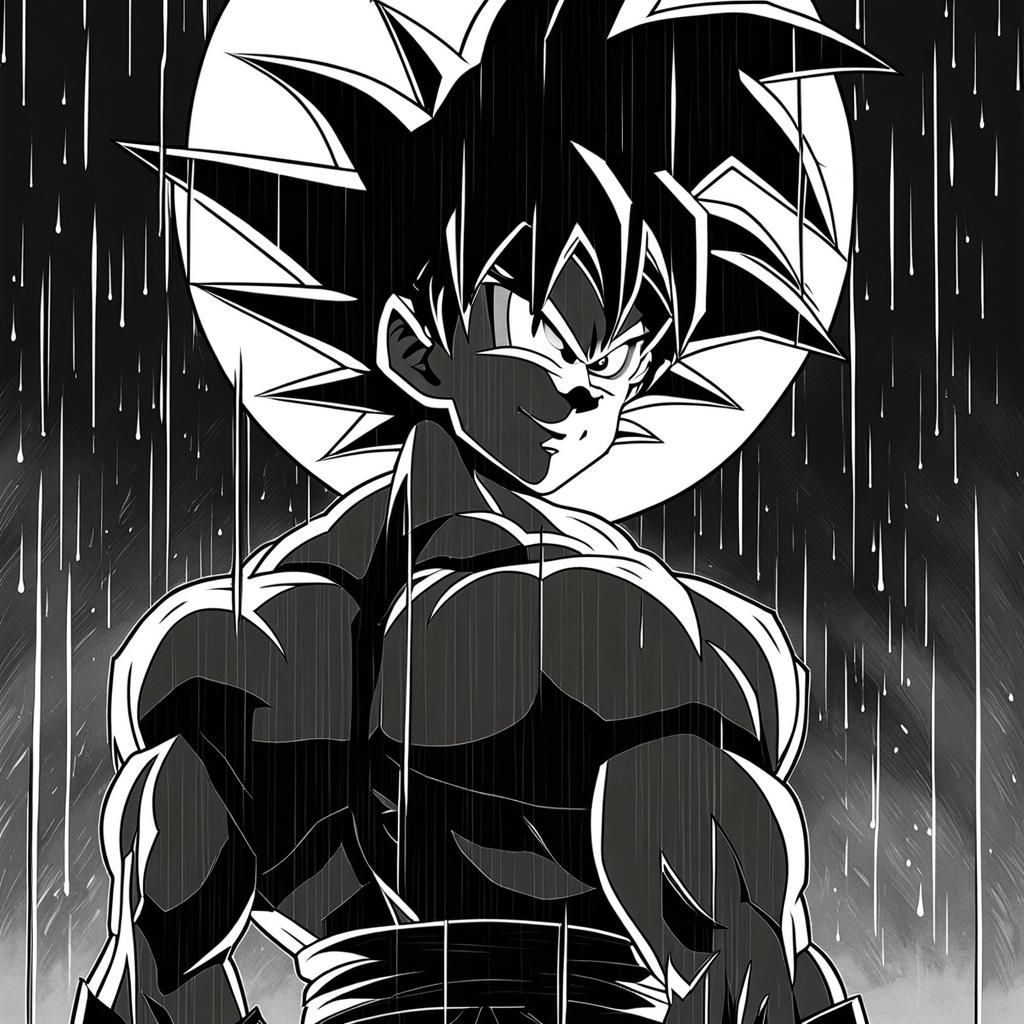 Goku vestido de negro llorando en el ataud por la muerte de akira toriyama bajo una lluvia