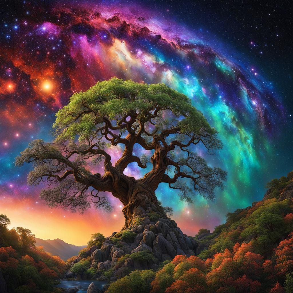 Celestial Tree with Mythical Creatures, Digital Art