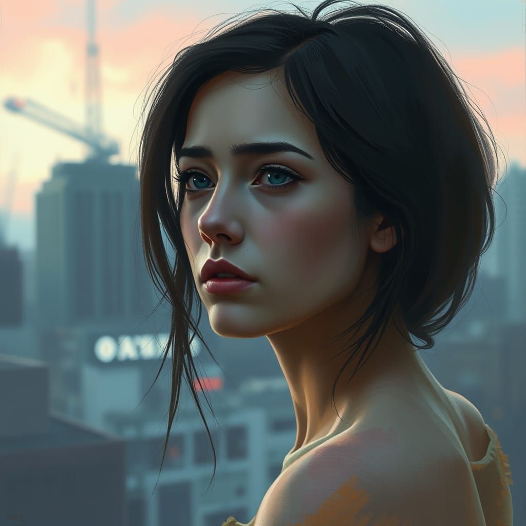 Young Woman Lost in Thought, Cityscape Background