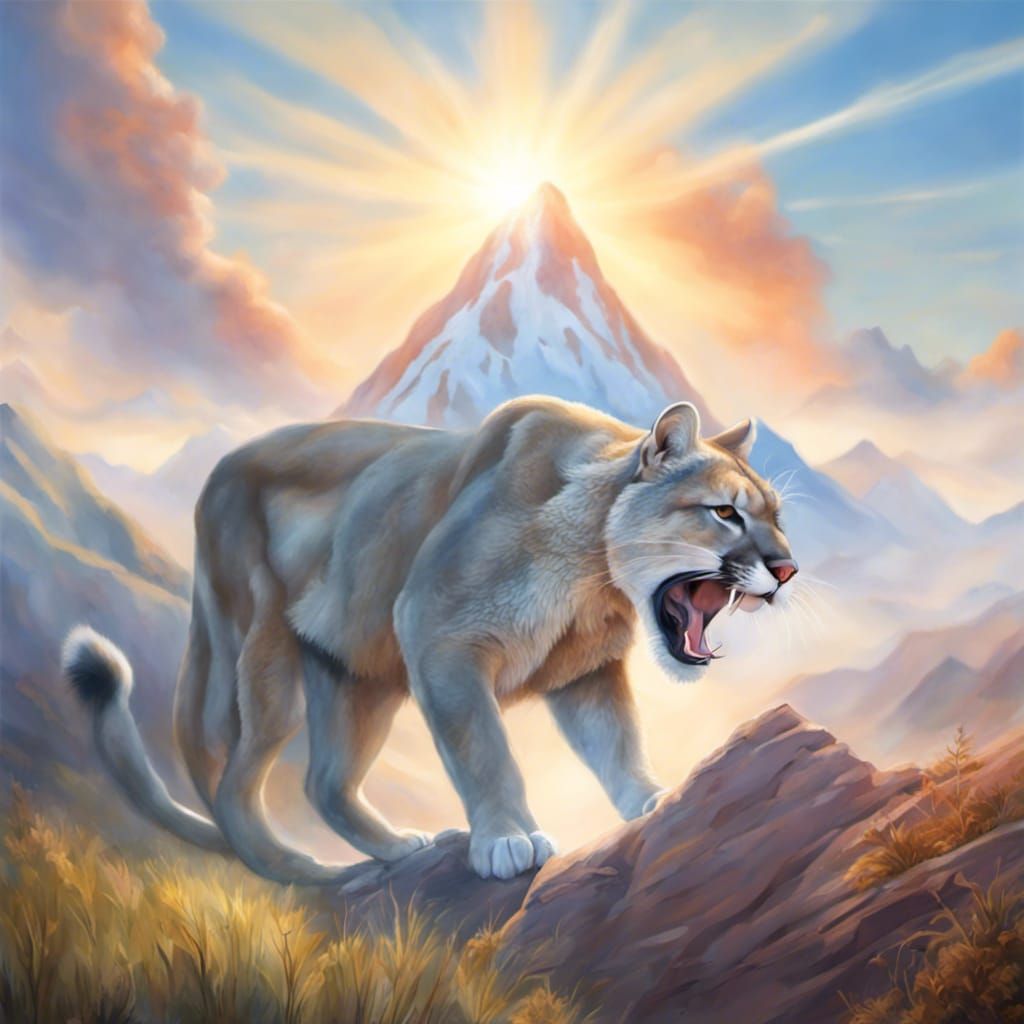 Roaring Mountain Lion in a Sunny Mountain Landscape