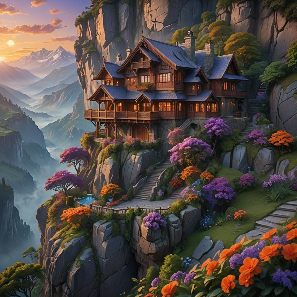 Majestic Mountain Home in Matte Painting Style