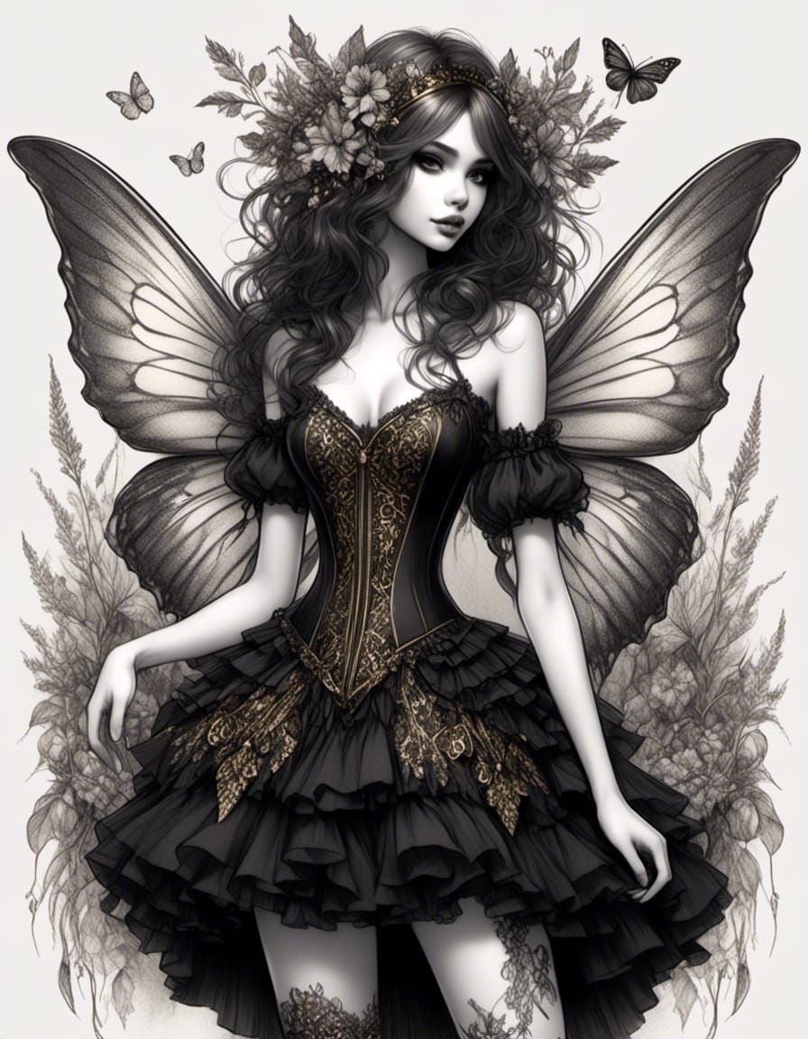 Detailed Gothic Fairy Sketch with Wings