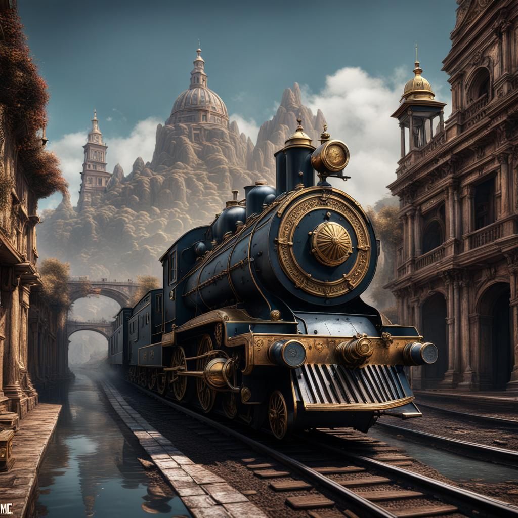 Antique Coin with Modern Train, Fantasy Art