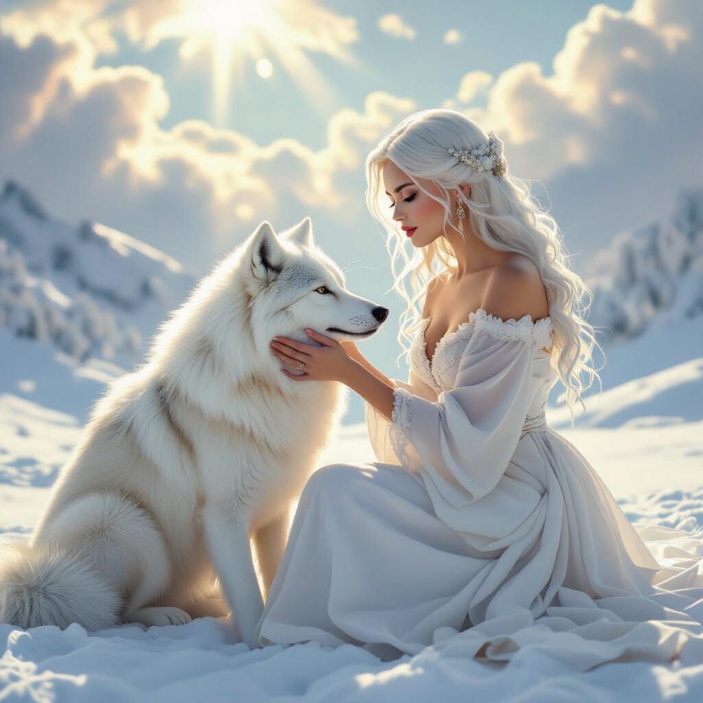 Woman with White Wolf in Ethereal Snowscape