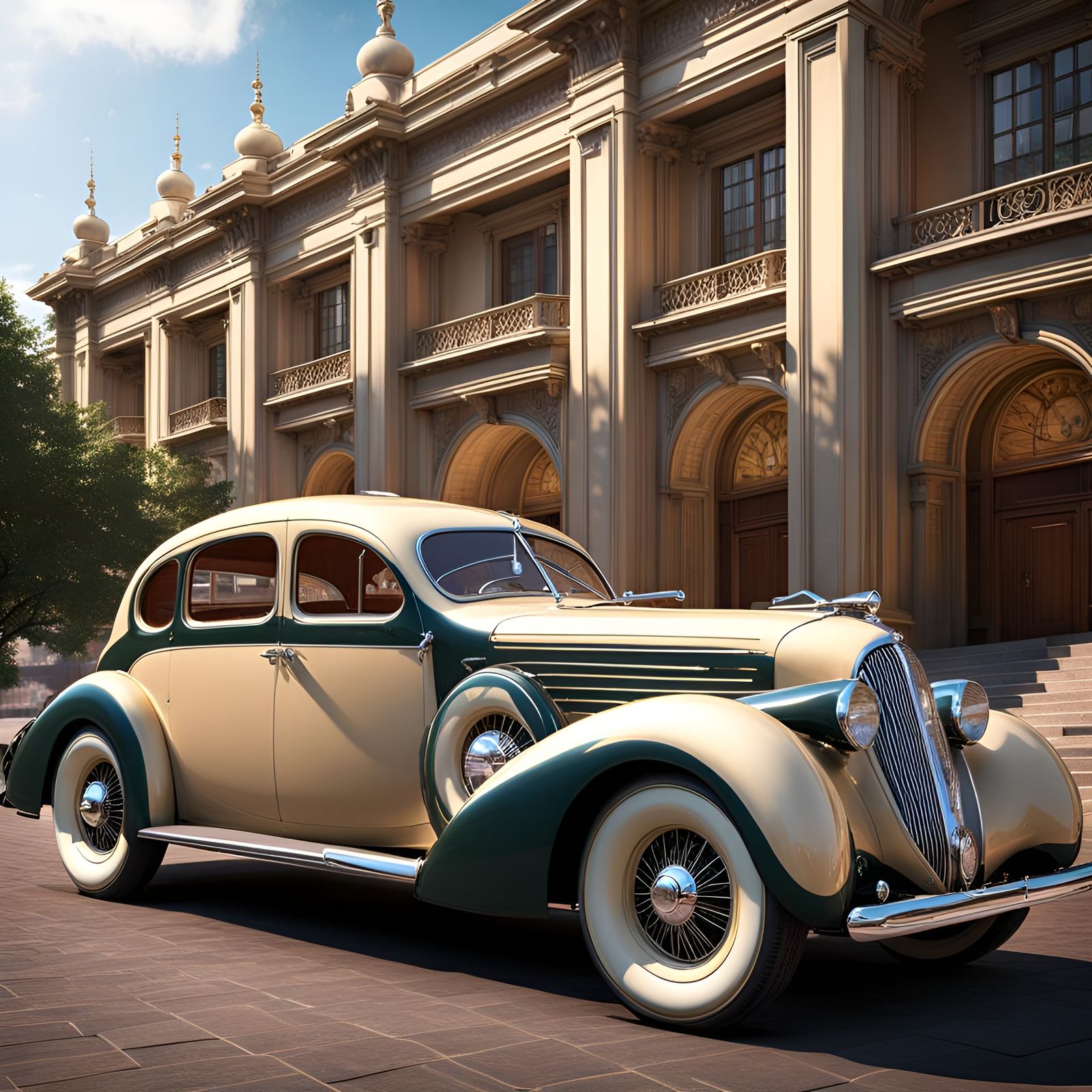 1938 Cream Fastback Car at the Opera Theater