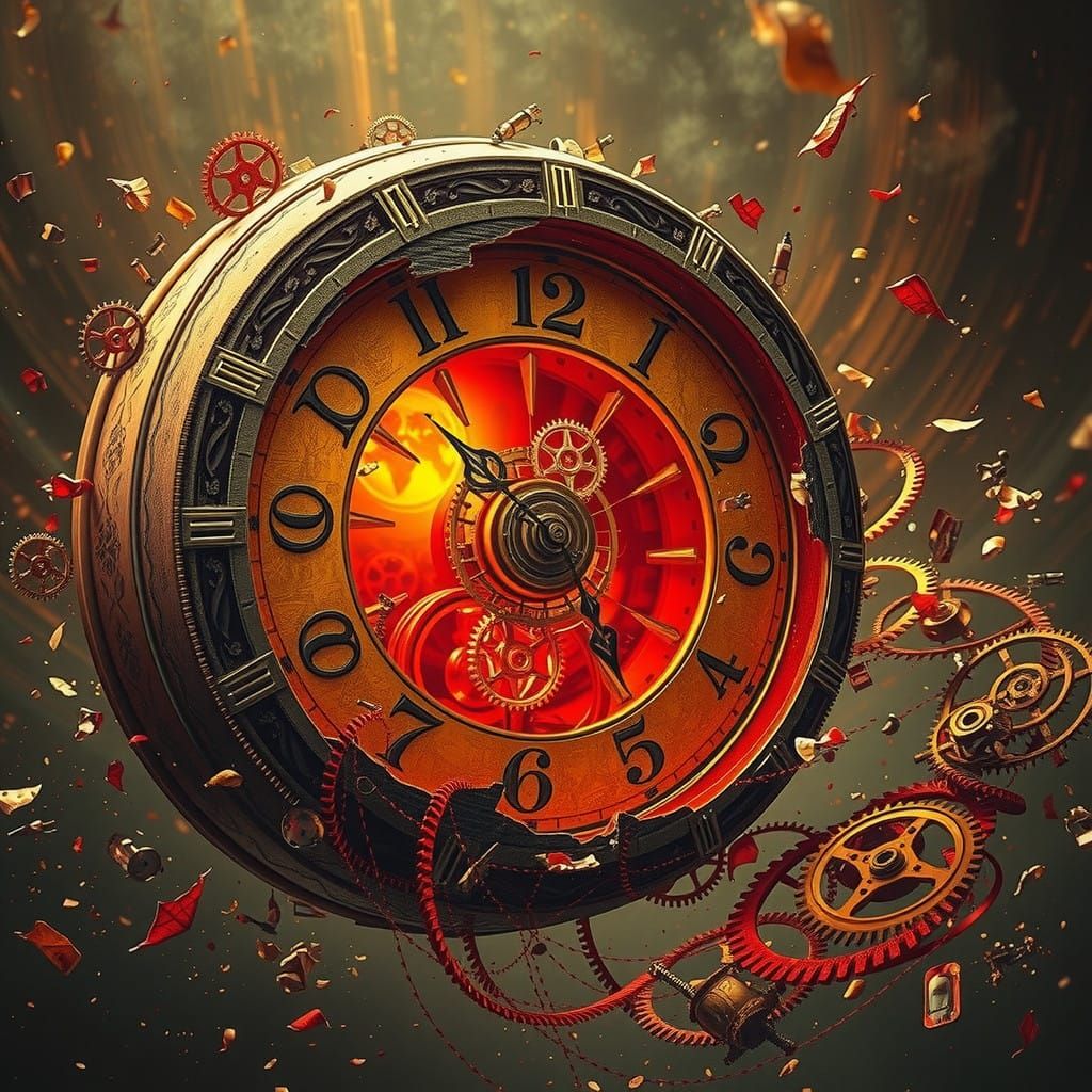 A surreal image of a massive, broken clock suspended in the ...