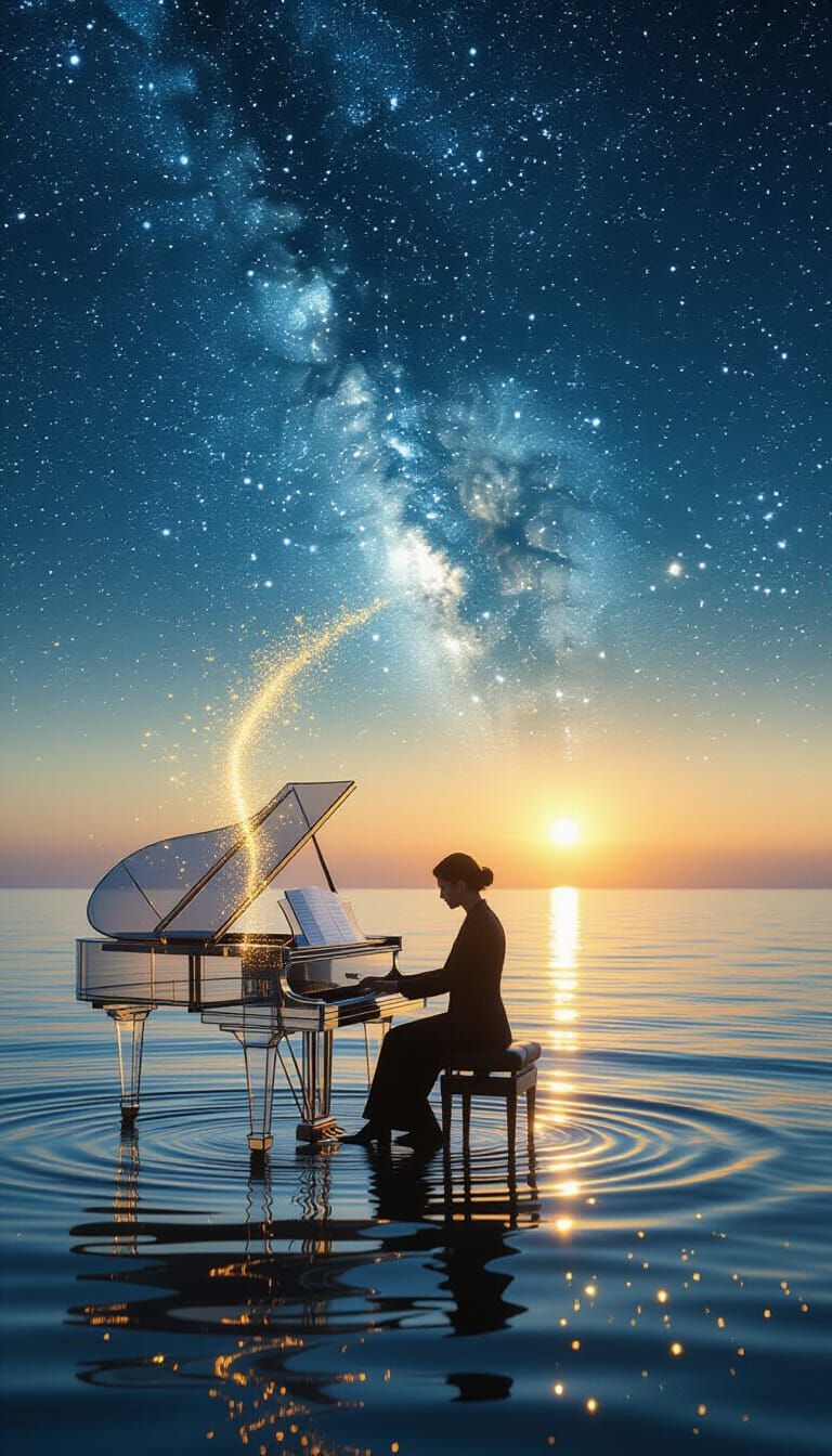 Solitary Pianist Plays Transparent Piano by Cosmic Sea