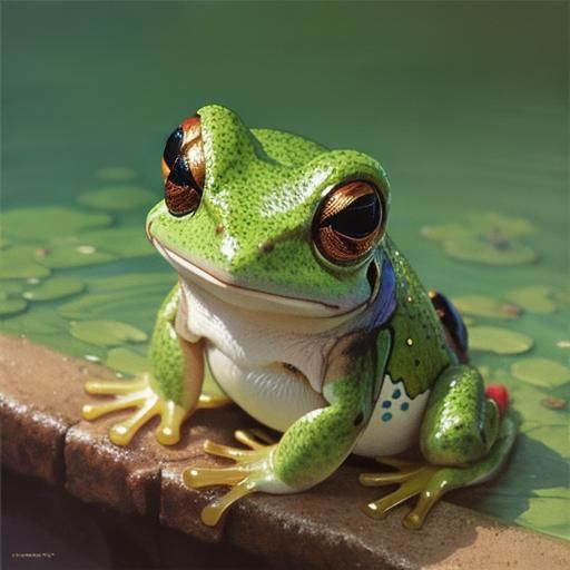 Adorable Frog in Colorful Lake, Watercolor Painting