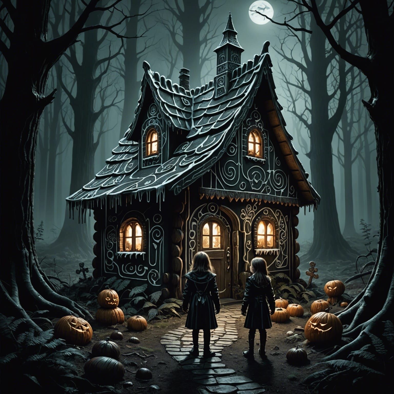 Hansel and Gretel stumble upon the witch's house