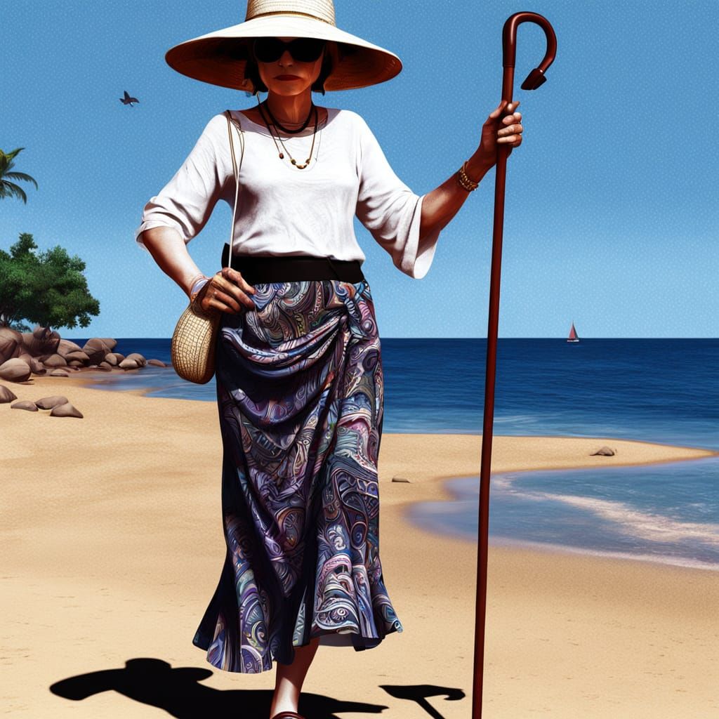 Blind Woman in Beach Attire, Detailed Matte Painting
