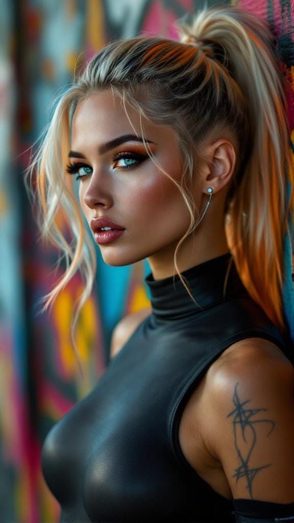 Fierce Woman with Balayage Hair in Photorealistic Style