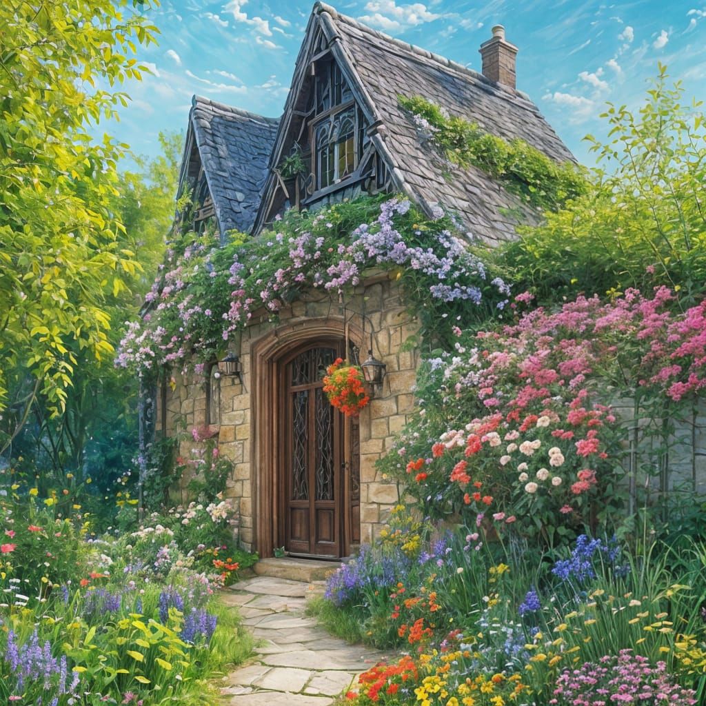 Charming Cottagecore Cottage in Oil Painting Style