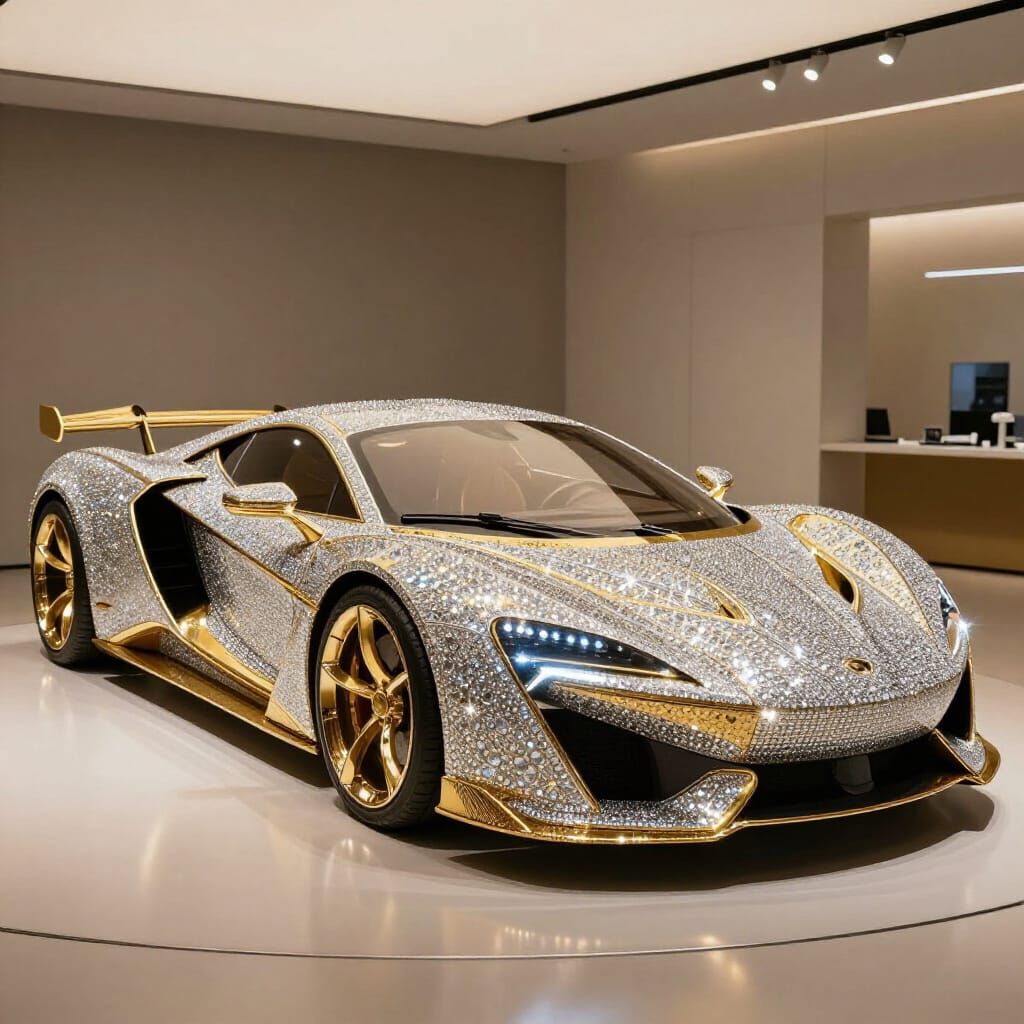 Golden Diamond Concept Car in Futuristic Showroom