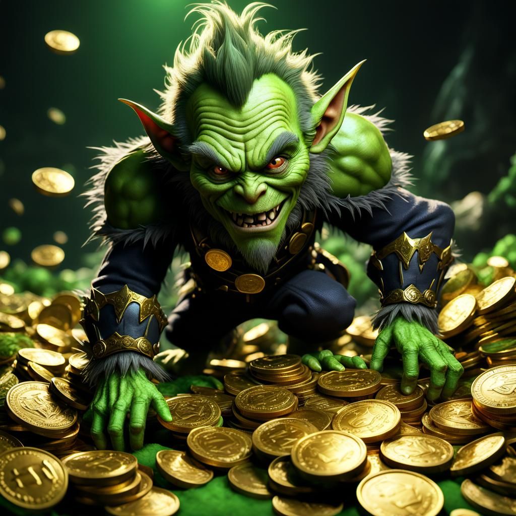 Sadistic Goblin Hoarding Gold Coins: 3D Cinematic Render