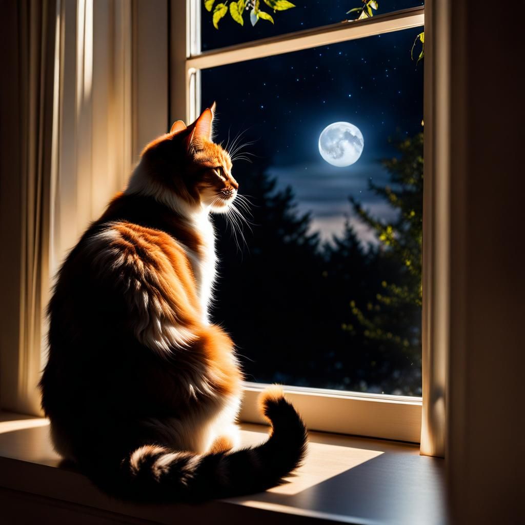 Mystical Cat Gazing at Moonlit Window