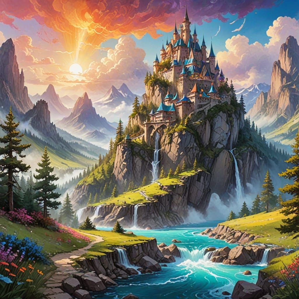 Vibrant Fantasy Landscape in Digital Watercolors