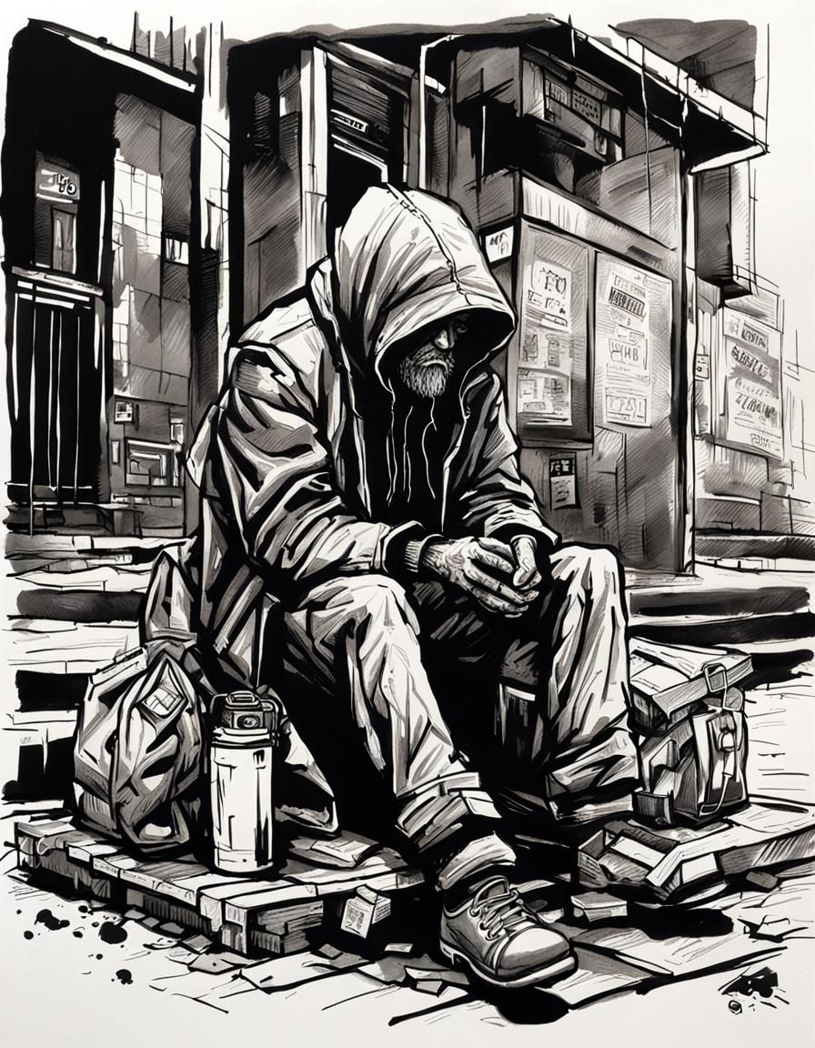 Monochromatic Cyberpunk: Ink Drawing of Homelessness