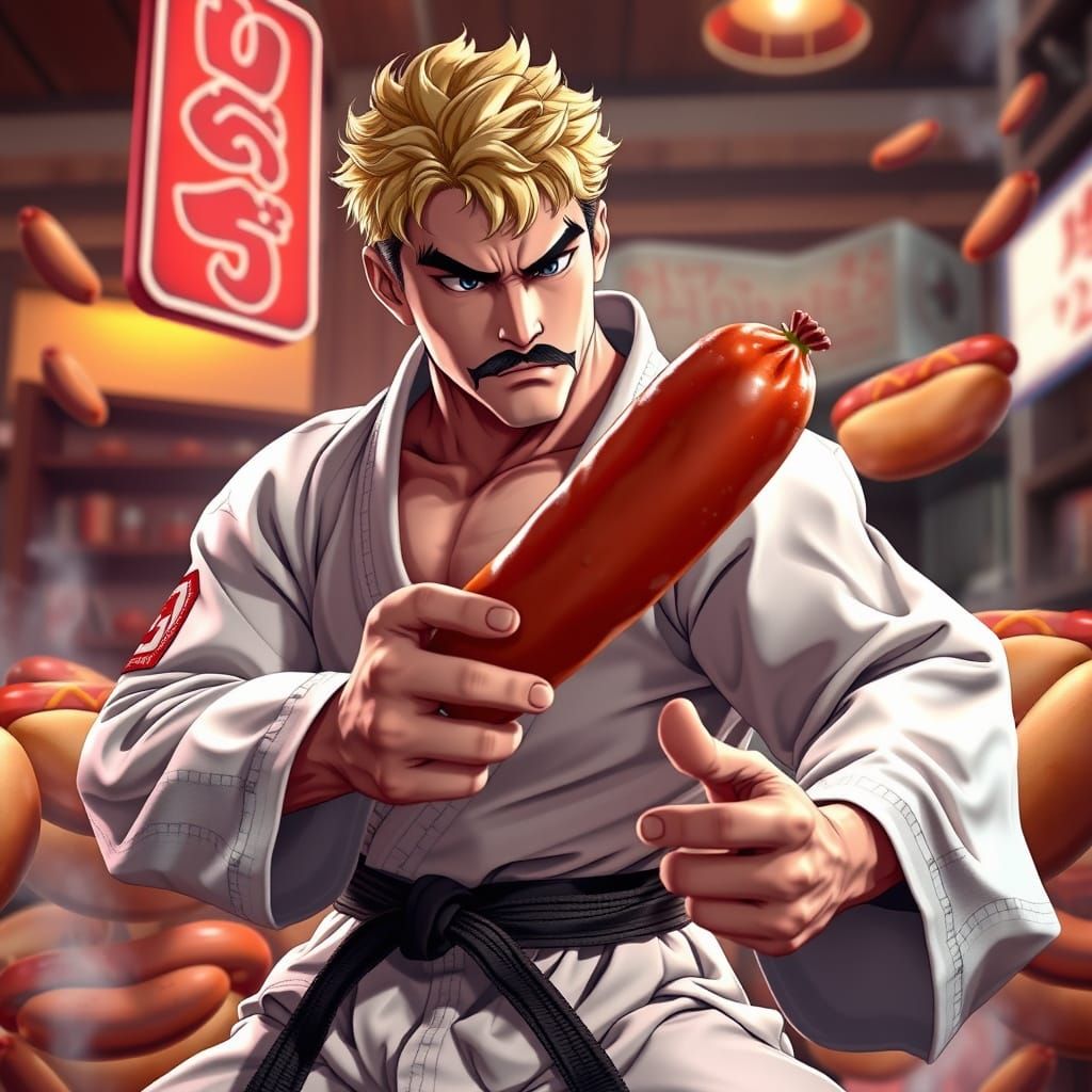 Karate Man Kicks Sausage in 3D Anime Style