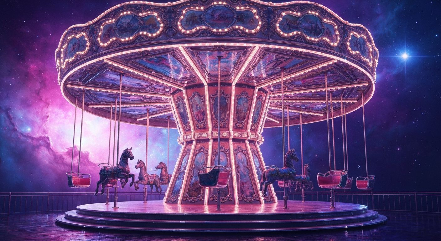 Futuristic Carousel with Mythical Creatures in Cosmic Nebula