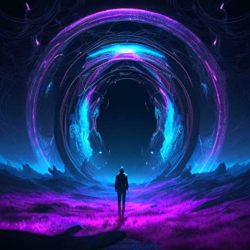 Surreal Explorer Stands Before Glitchcore Portal in Elusive,...