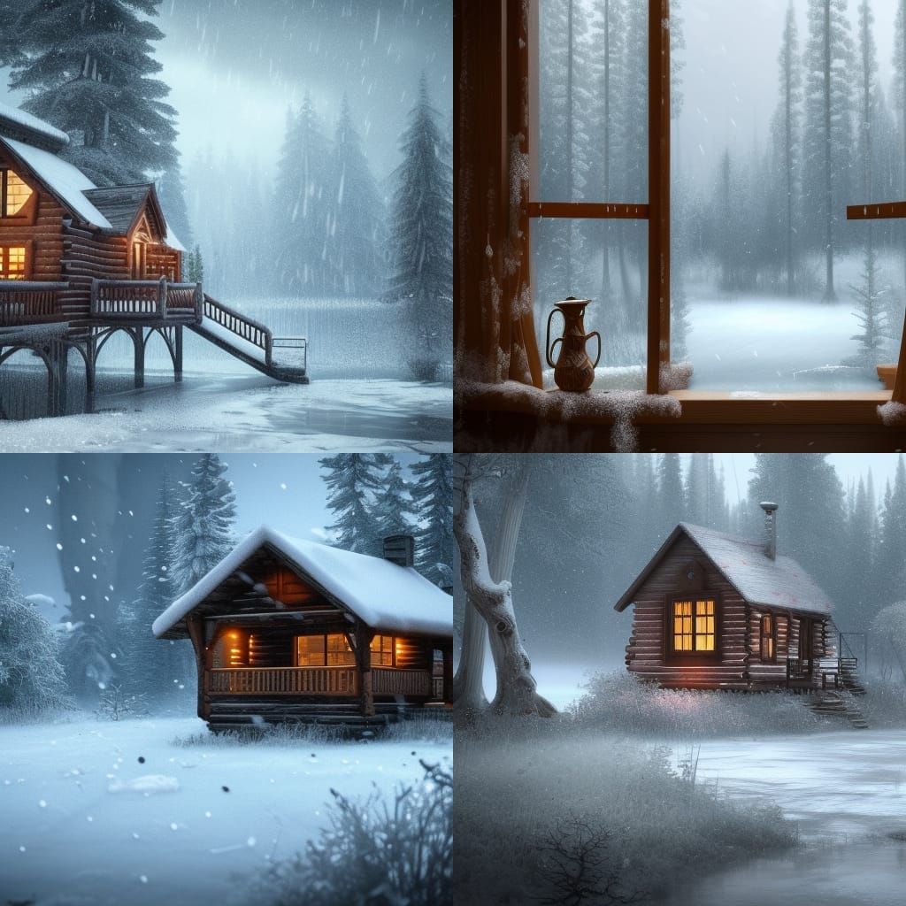 Cabin Window View of Freezing Rain: Detailed Matte Painting