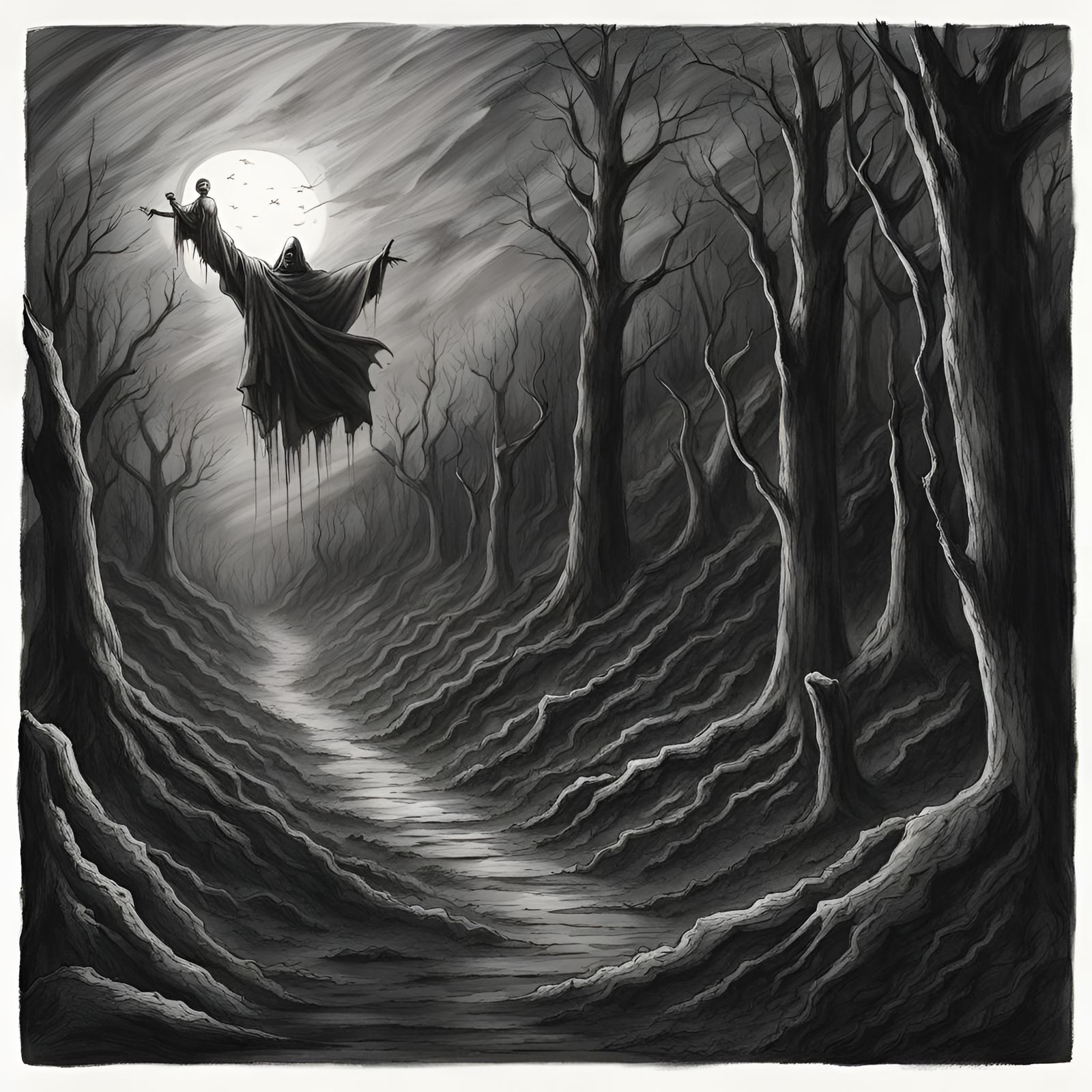 Grim Reaper's Swift Arrival: A Dark Monochrome Drawing