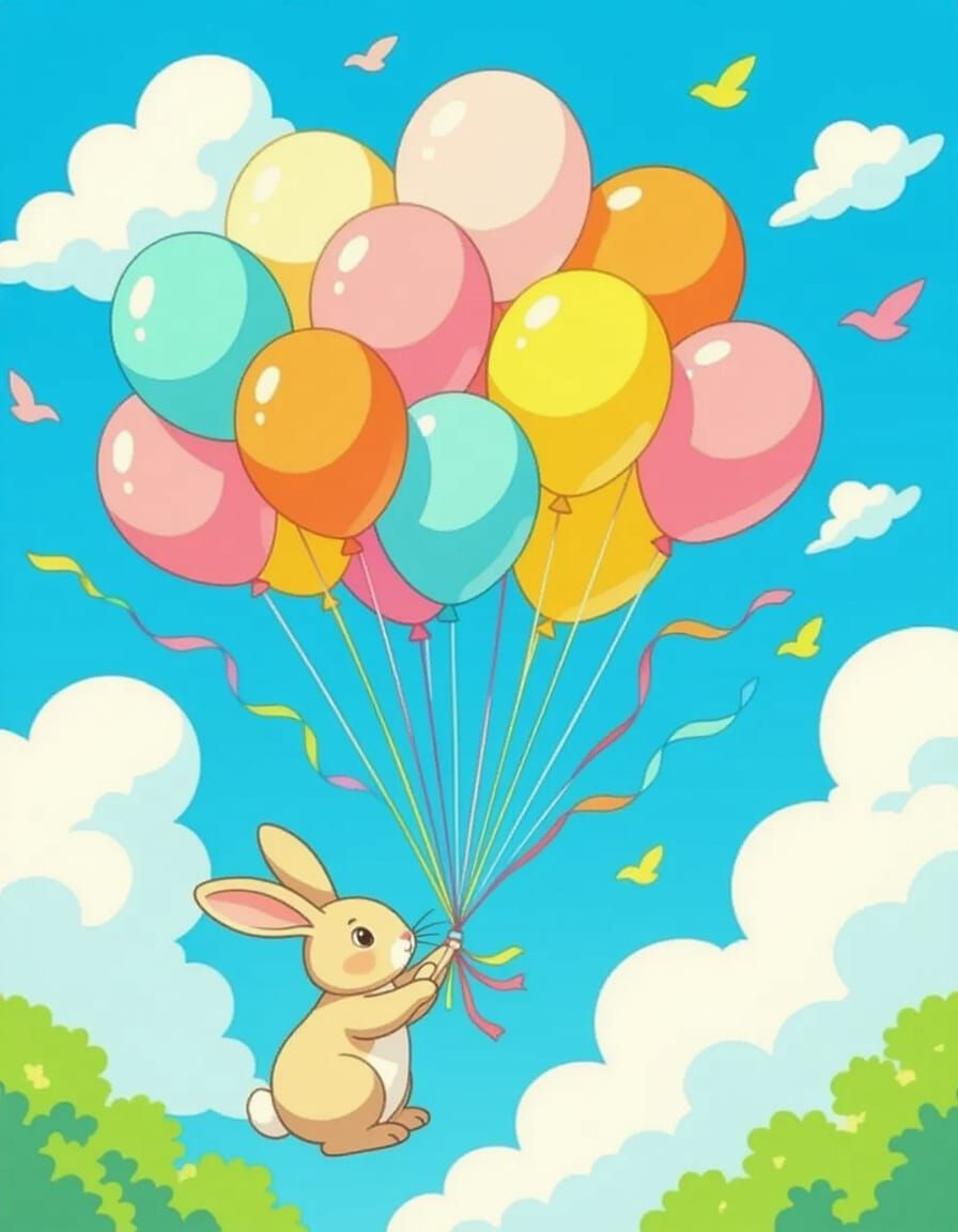 Rabbit Balloons Ascend in a Whimsical Sky