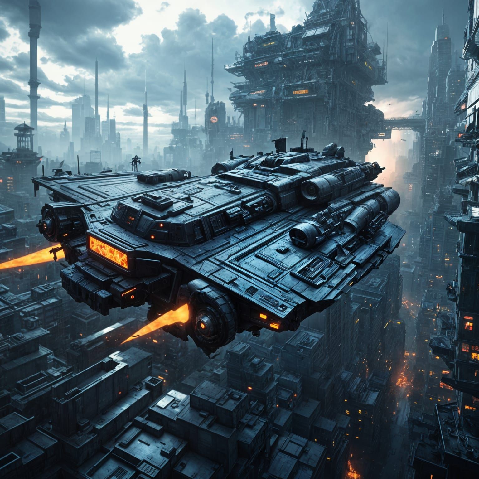 Flying Military Tank in Neon Cyberpunk Cityscape