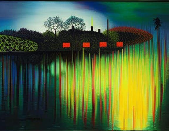 Eerie Garden Pond by Night in Colorfield Style