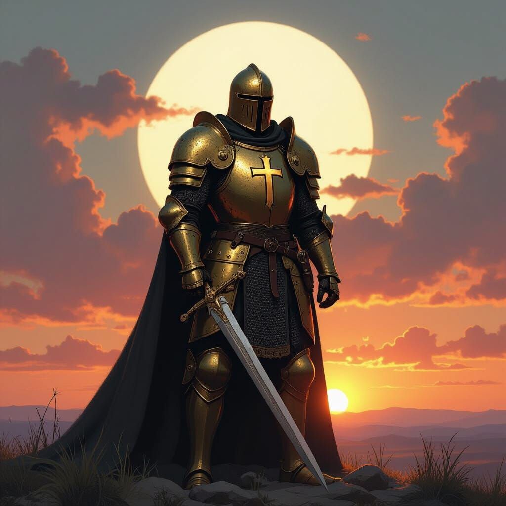 Valiant Knight of God in Golden Armor at Sunset