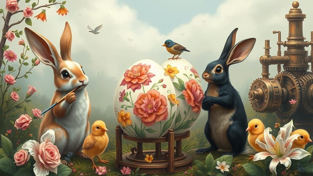 Rabbits and Chicks Painting Easter Eggs in Fairy Tale Style