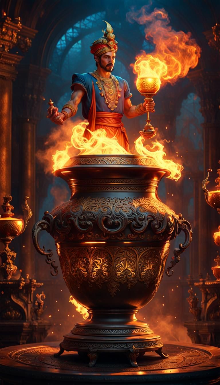 Genie Emerges from Antique Pot: Dark Fantasy Art