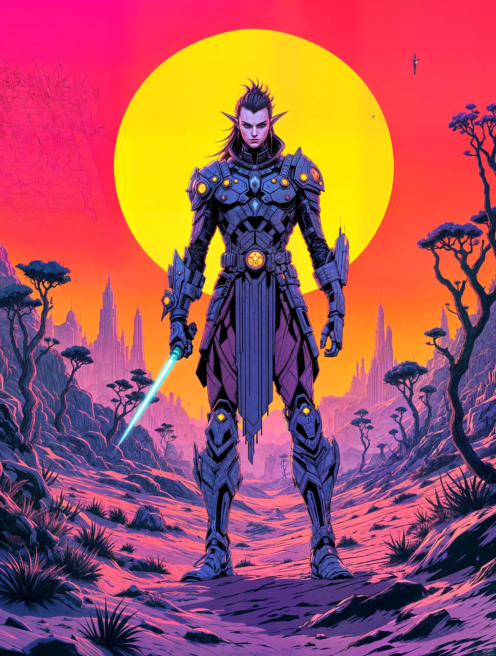 Heroic Elf Punk Conquistador in Minimalist Illustrative Styl...