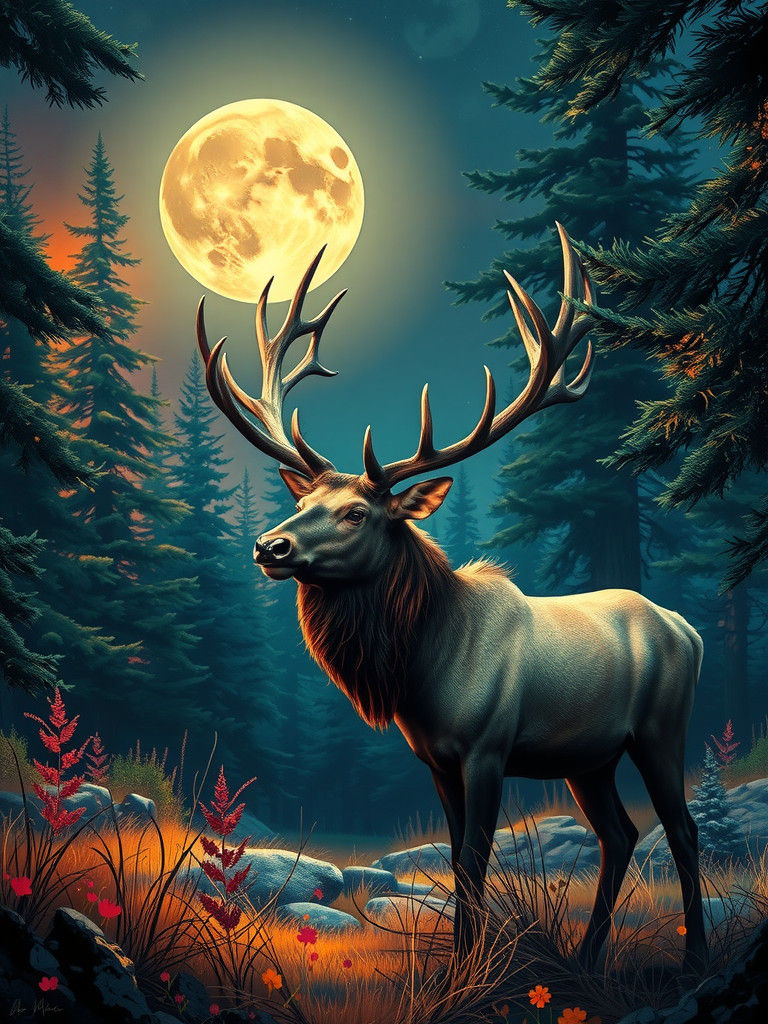 Majestic Elk in Forest Clearing: Hyperrealistic Splash Art