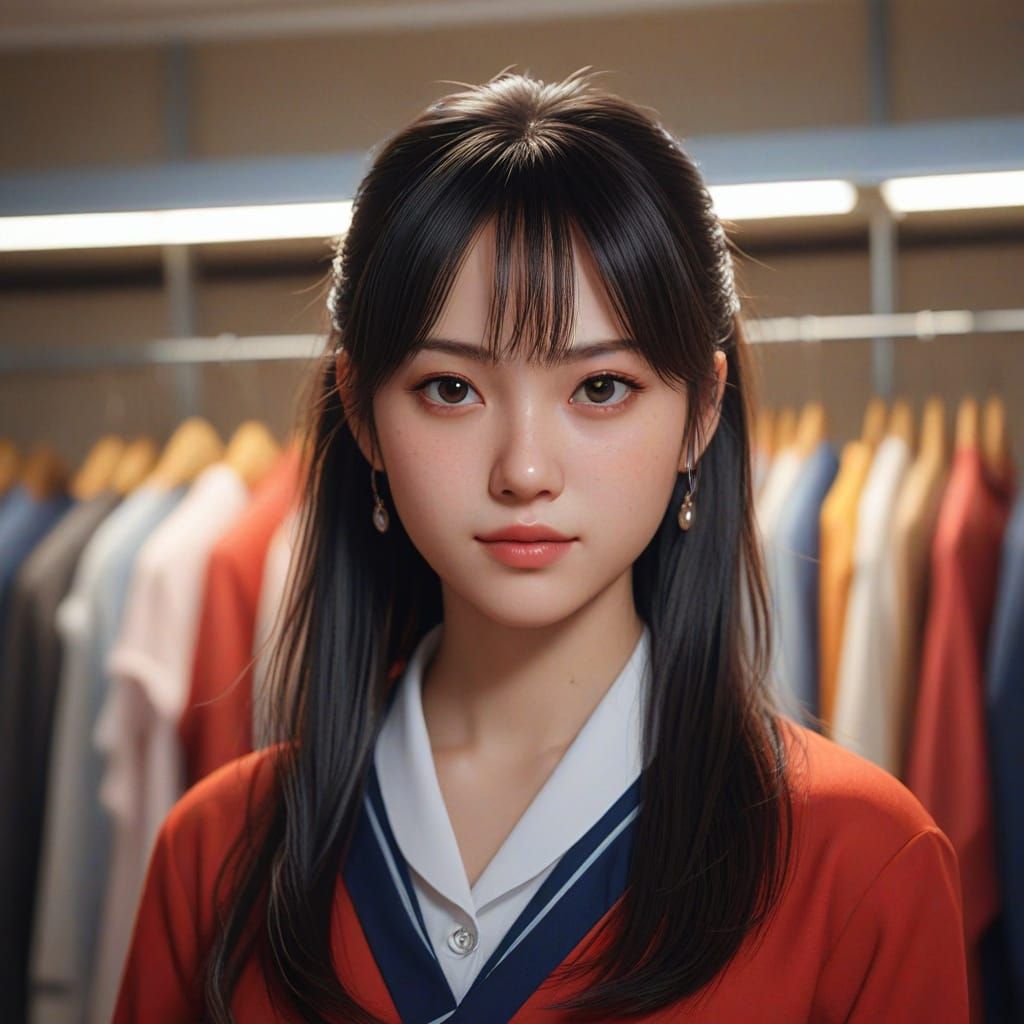 Beautiful Japanese Girl in Red Uniform, Digital Painting