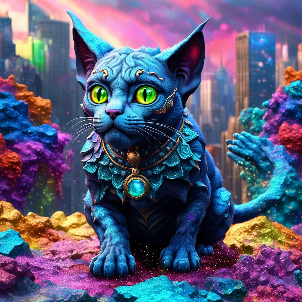 Rainbow Glitter Cat Gargoyle: Detailed Fantasy Art