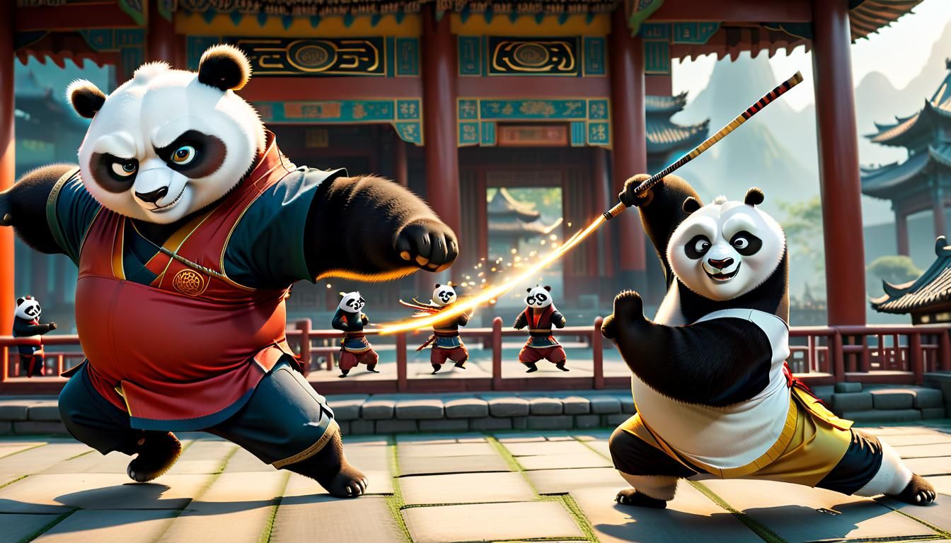 (Anthropomorphic Kung Fu Panda Po together with Master Shifu in Aerial martial sparring and jump at each other :3) :: gr...