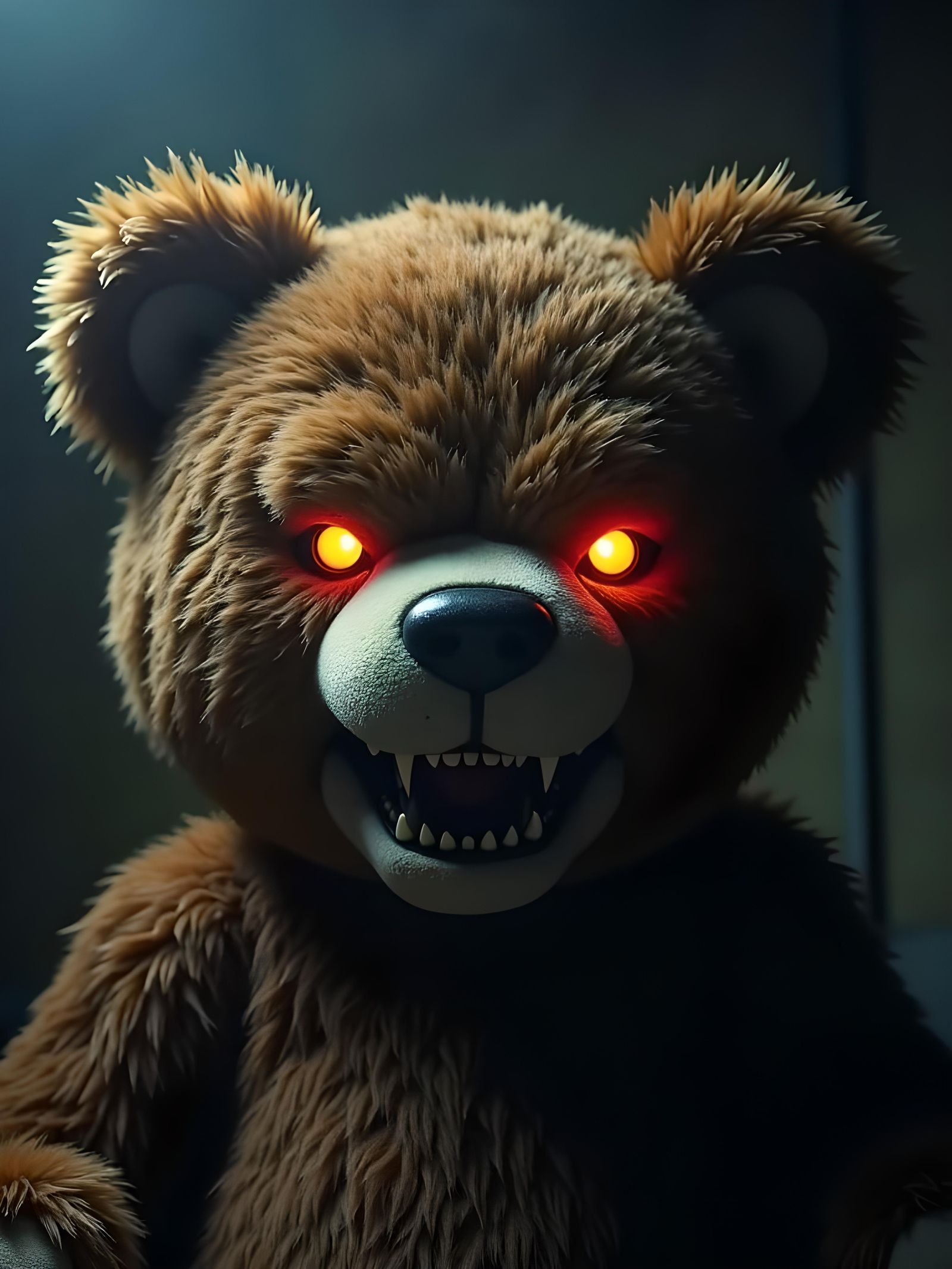 A fat teddy bear with orange eyes and big sharp theeth, in c...