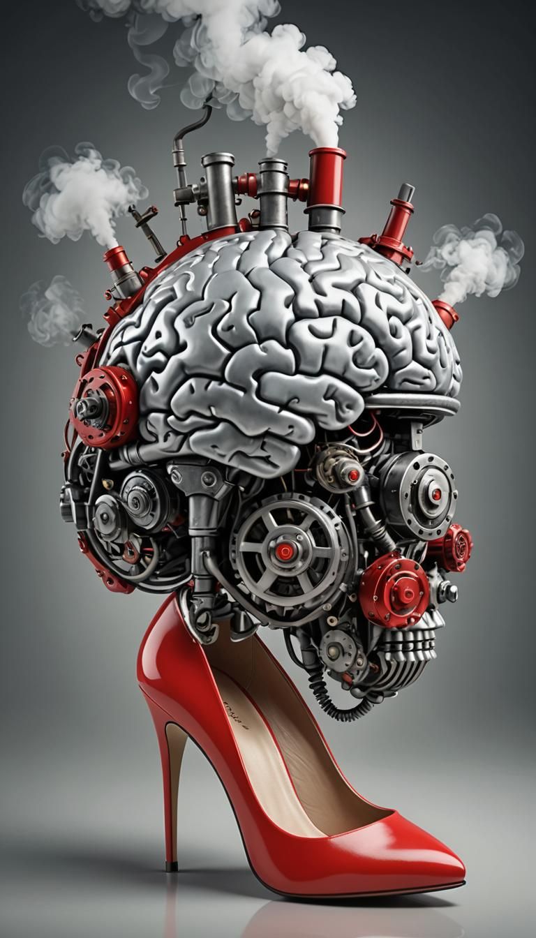 Steam-Powered Brain in Red High-Heels: Photorealistic Image
