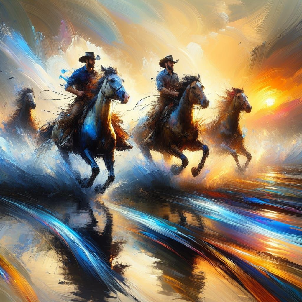 Cowboys Ride River at Sunset: Expressionistic Painting