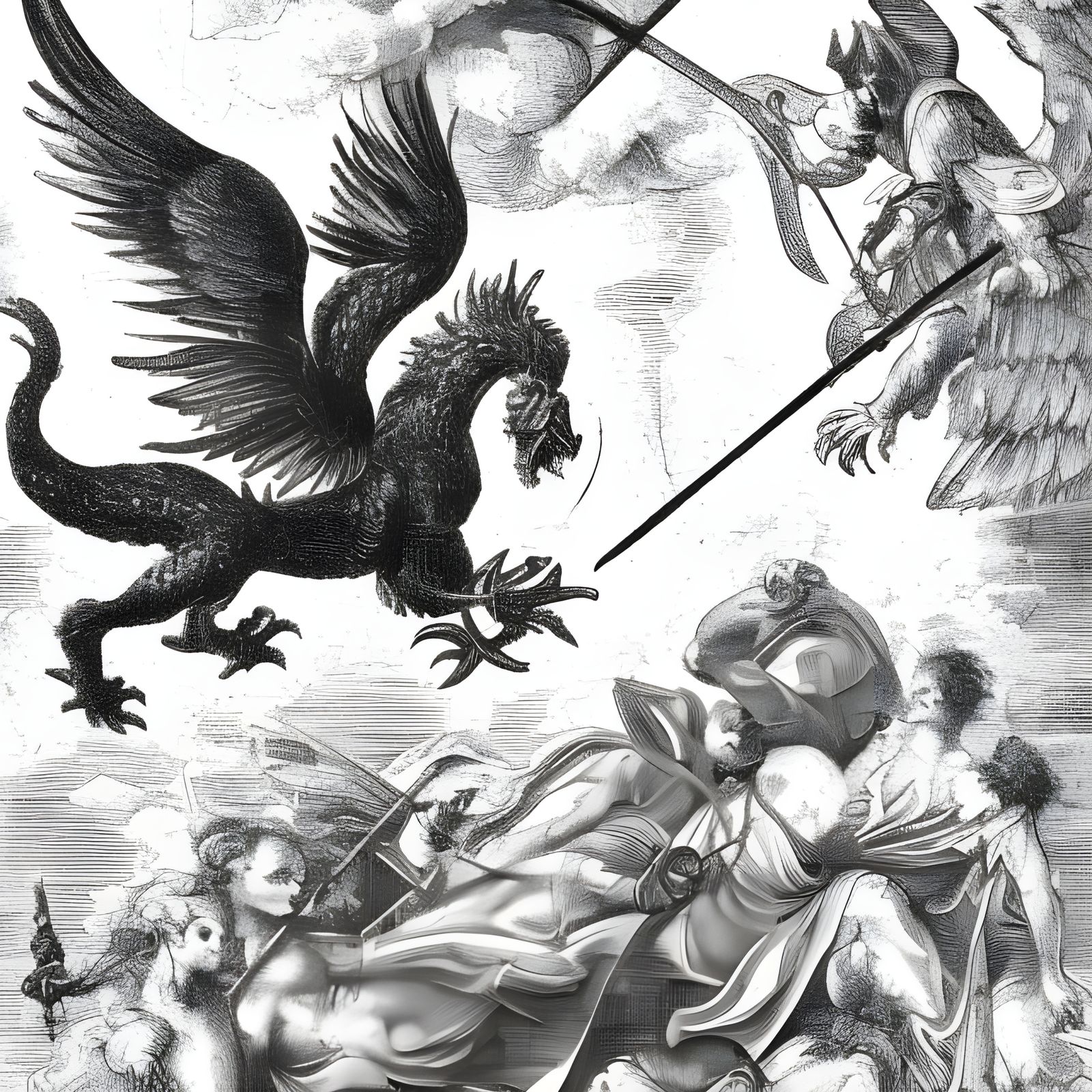 St Michael Slaying Dragon in Victorian Engraving Style